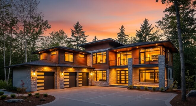 Luxurious modern two-story house with warm interior lighting, surrounded by trees at sunset, twilight sky with colorful clouds