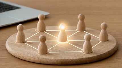 Obraz premium Wooden human figures connected by white network lines on round wooden board symbolizing teamwork communication and leadership concept in business