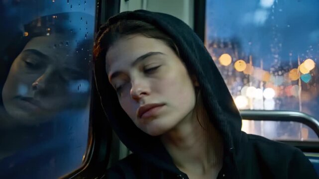 Leaning woman in black hoodie resting head on rainy window as bus moving lulling, with reflection