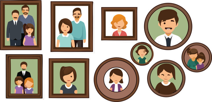 Family photo frames set with portraits in vintage and modern styles, people pictures collection for home decor, genealogy and memory concept vector illustration
