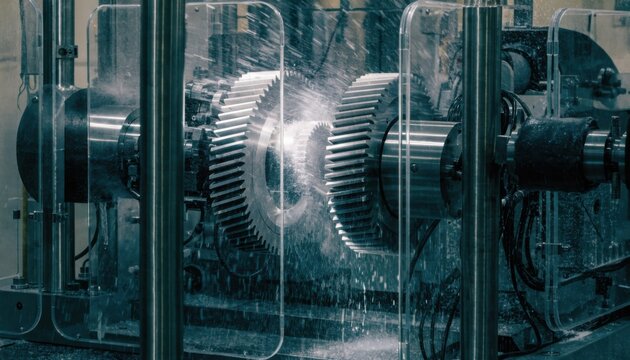 Enclosed gear cutting station focusing on automated machinery producing spur gears safely within protective guards emphasizing clean and safe workflow.