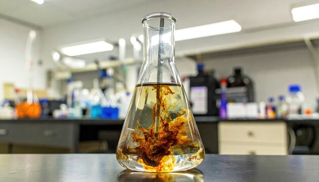 Clear laboratory flask showing a zinc electrode undergoing slow corrosion in a chemical solution