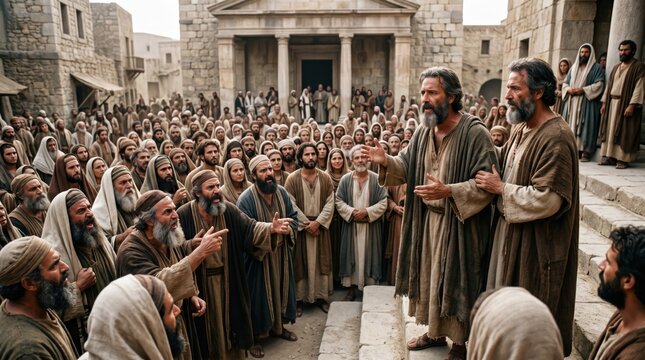 Group of ancient men arguing with apostles in biblical city square. Confrontation between religious leaders and preacher. Historical scene depicting conflict from Acts of the Apostles.