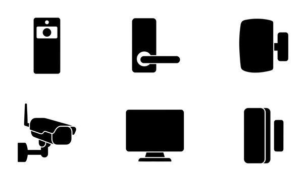 Smart home security icon set including doorbell camera, door lock, and cctv, white background