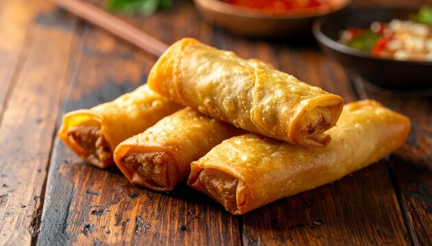 Golden brown crispy fried spring rolls with visible vegetable fillings peeking out on a wooden table