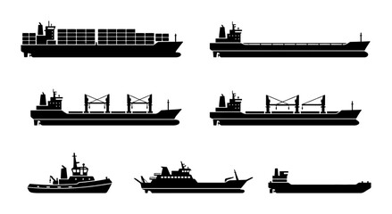 Obraz premium Cargo ship icon set, black silhouette vessel and merchant boat collection, white background