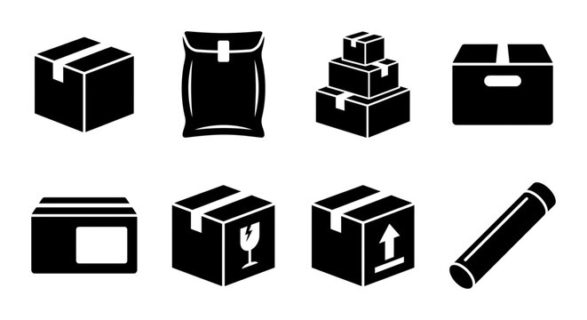 Shipping box icon set solid silhouette delivery packaging, white background