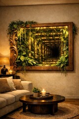 Fototapeta premium Cozy living room featuring an infinity mirror framed with lush green plants and warm interior lighting