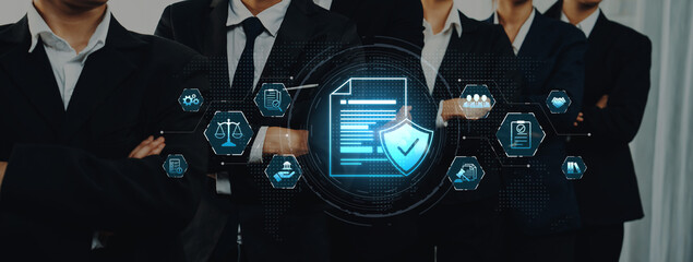 A group of professionals in formal attire stands confidently, representing security and trust within a corporate environment, complemented by digital icons. Trope © InfiniteFlow