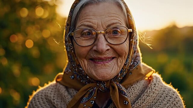 Elderly Woman Portrait In Traditional Headscarf Smiling During Golden Hour Sunset In Rural Field