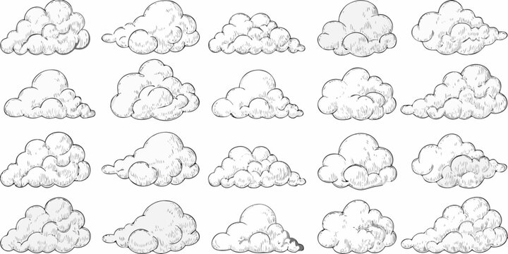 hand drawn cloud collection sketch style on white background