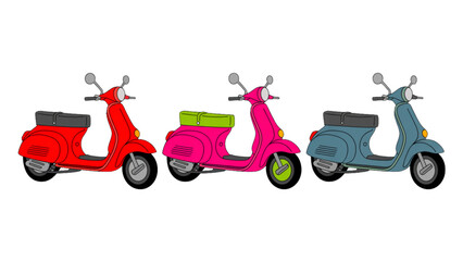 Three colorful scooters lined up side by side in a row Vector © MSTJOMILA