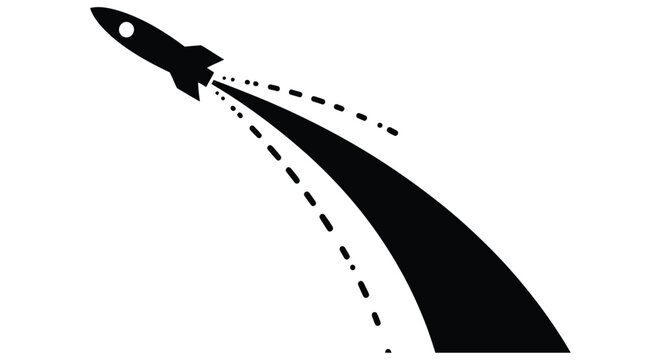 A black silhouette of a rocket launching upwards with a trail of exhaust