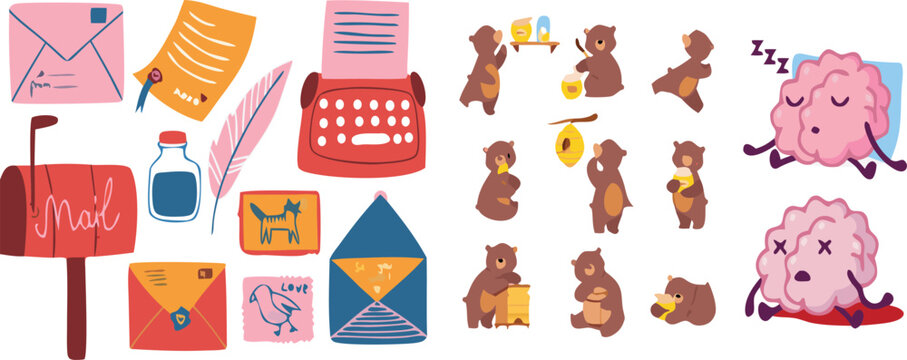 Mail and cute bear characters set with envelopes, letters, stamps, honey animals and funny brain emotions, cartoon vector illustration collection for kids design