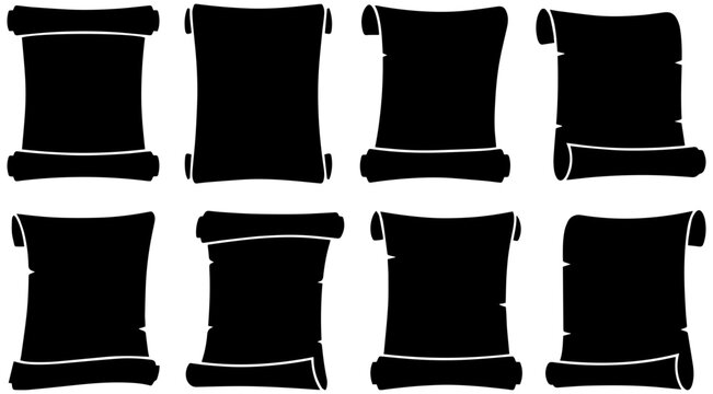 Eight different black scroll silhouettes displayed on a plain white background for design usage