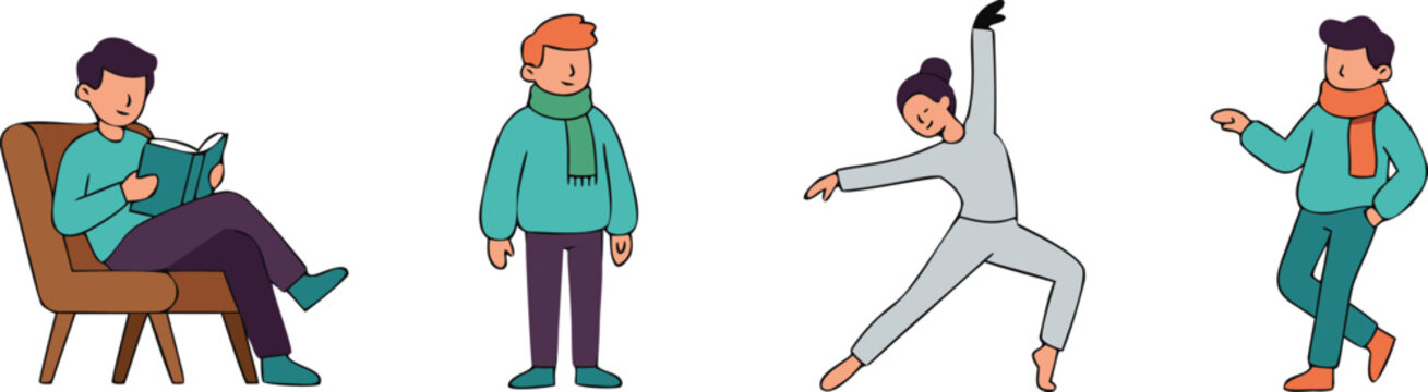 People characters in casual winter outfits set with reading, walking and dancing poses, lifestyle vector illustration collection for everyday activity and fashion design