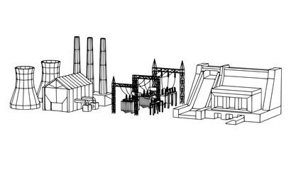 Power station wireframe vector side view with 3D polygon mesh industrial energy plant © MSTSUFIA