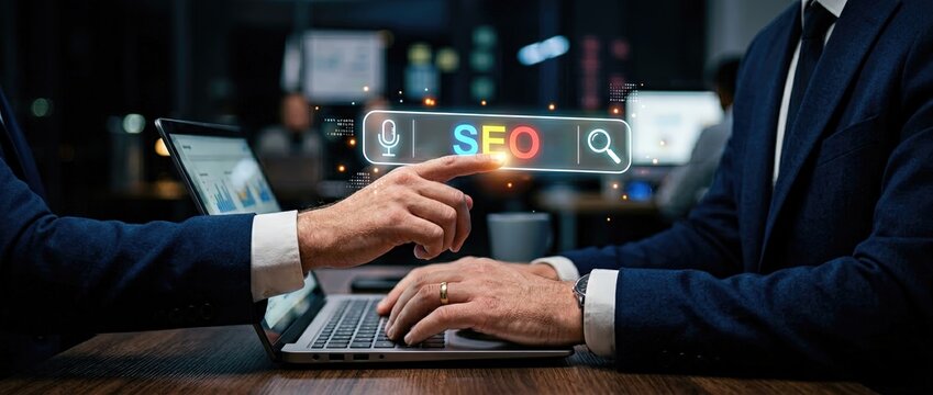 Engaging seo strategy discussion office setting digital marketing content modern environment close-up view business concept for enhanced online visibility