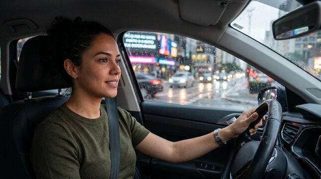 Motorista atento utilizando cinto de seguran&ccedil;a dentro de ve&iacute;culo em avenida movimentada de S&atilde;o Paulo destacando responsabilidade e preven&ccedil;&atilde;o de acidentes