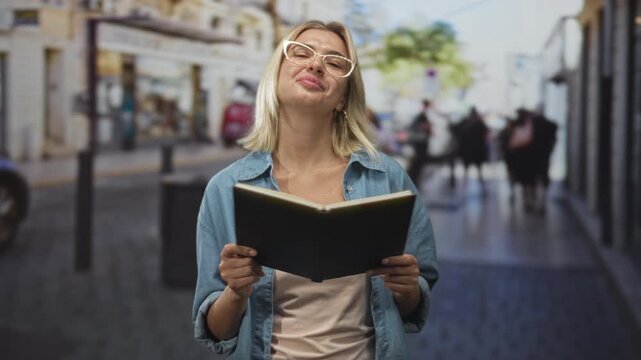 Young woman reading a black hardcover book on a busy urban street, holding it with both hands and smiling while glancing down; serenity curiosity learning.