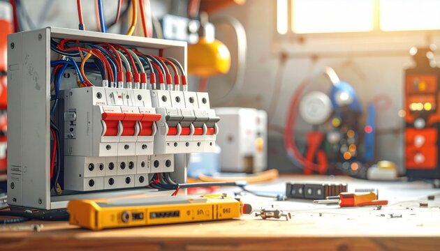 A meticulously wired electrical control box featuring multiple circuit breakers and vibrant cables, illustrating efficient power distribution in a modern workshop setting.