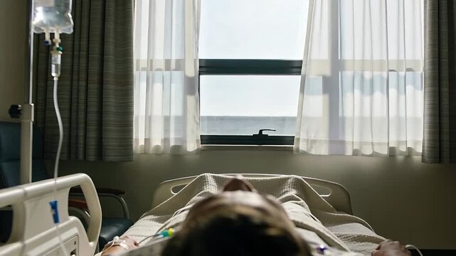 Pushing curtain, gust through sash blowing inward, patient lying in hospital bed wearing gown on IV