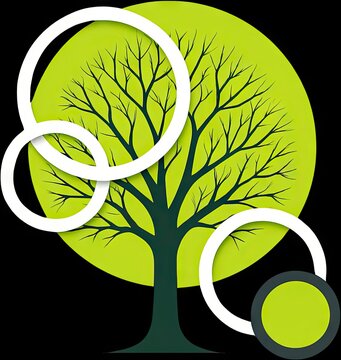 Stylized black tree with intricate branches set against a vibrant green circular background and accented with white overlapping rings