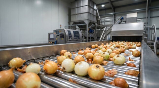 Industrial onion sorting conveyor carrying fresh onions through a modern food processing plant. Automated vegetable grading line inside stainless steel factory machinery for fresh produce processing