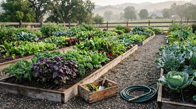 Lush raised bed vegetable garden with kale, cabbage and herbs in a rural backyard. Organic home growing setup with watering hose, gravel path and fresh seasonal produce.