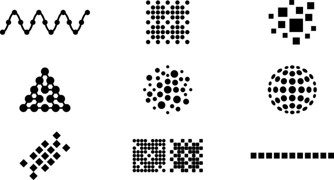 Geometric pattern icons silhouette vector illustration featuring abstract motifs, decorative dot designs, square arrangements, and modern minimal art