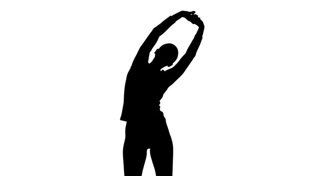 Minimalist vector graphic illustration of a person stretching their upper body to maintain flexibility while standing in a pose that promotes healthy living and wellness