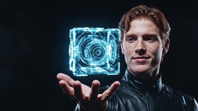 Man holding glowing blue cube technology.