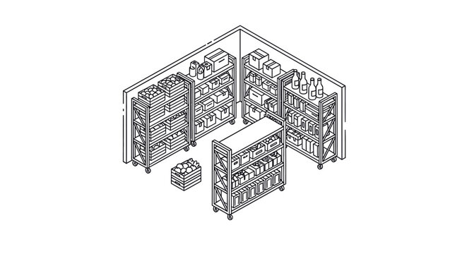 A detailed isometric illustration of industrial shelving units and storage solutions.