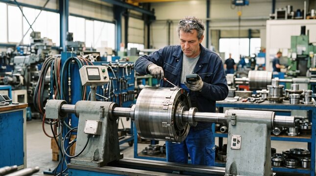 Skilled worker performing rotor balancing on a stationary machine inside a professional shop optimizing equipment performance and longevity.