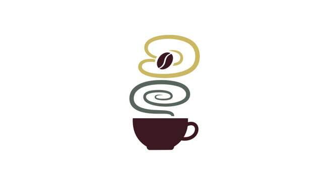 A steaming cup of coffee with swirling steam and a coffee bean.
