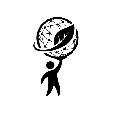 Person holding a globe with leaf and network connections, symbolizing global sustainability and technology