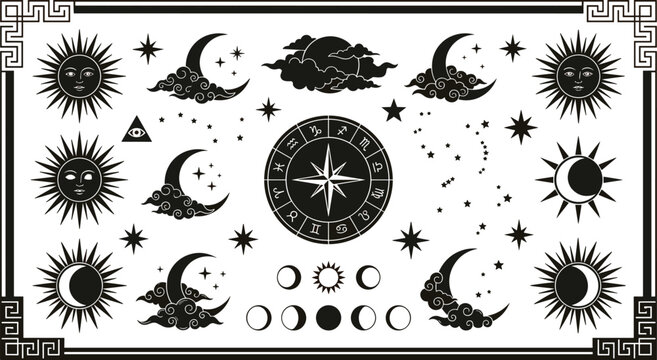 Mystical celestial icons silhouette vector illustration featuring astrology motifs, decorative cosmic designs, abstract spiritual patterns, and esoteric star art