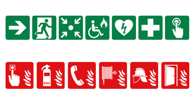 Collection of emergency safety and fire protection signage icons.