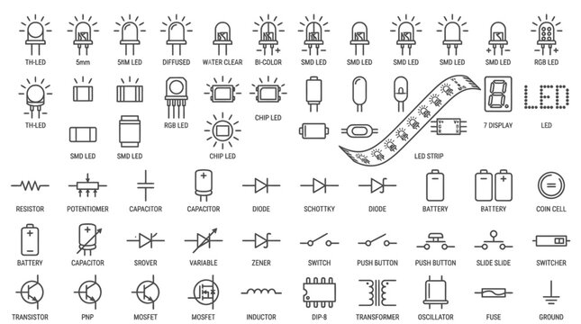Collection of Hand Drawn Electronic Components and LED Symbols.
