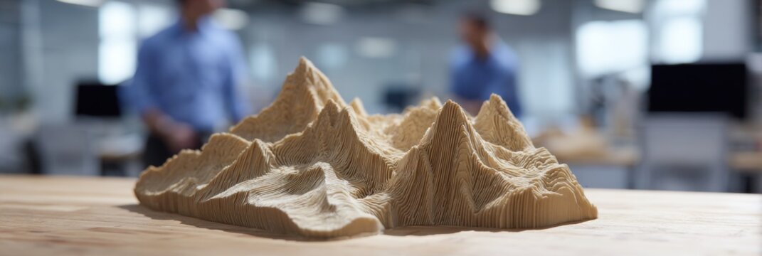 3D Printed Mountain Topography Model on a Table with Blurred Office Background.
