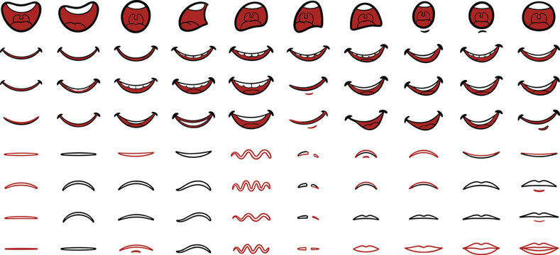 Stylized black-and-red mouth and lip silhouettes arranged in a grid, showcasing varied expressions and shapes