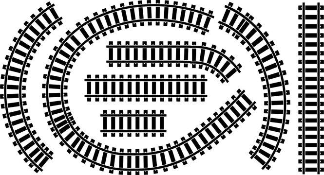 Train track icons silhouette vector illustration featuring railway motifs, decorative transport designs, abstract connector patterns, and modern locomotive art