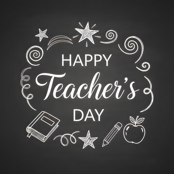 Happy Teachers Day chalkboard lettering with school supplies and decorative swirls