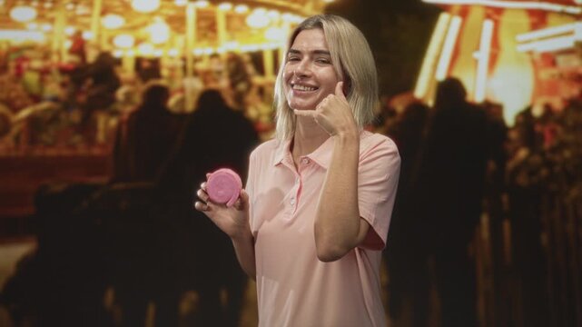 Woman holds a pink cake in one hand and makes a hand to ear call gesture at a carnival night scene with bright lights; joy celebration.