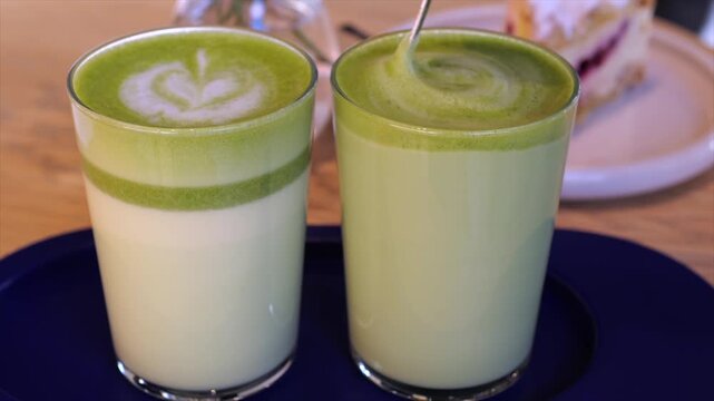 Close up view of two delicious green matcha tea lattes on a wooden table in a cafe, one with a heart latte art and the other being stirred with a straw and spoon for a refreshing break
