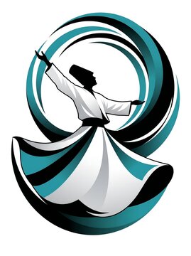 Whirling Dervish Sufi Dance Silhouette with Abstract Blue Swirl Background for Spiritual and Cultural Concept