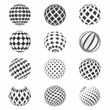 geometric sphere collection black and white patterned orbs on white background