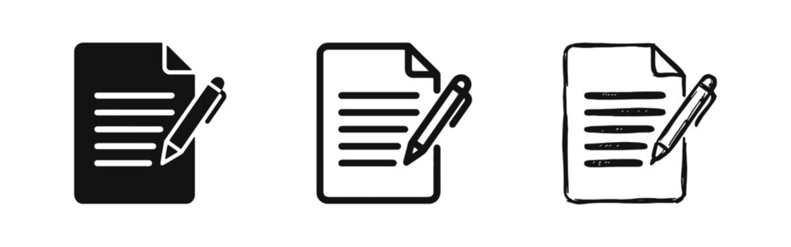 Document signing and contract agreement icon set with pen and paper