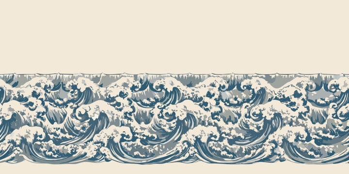 seamless ocean wave pattern continuous nautical illustration on cream background