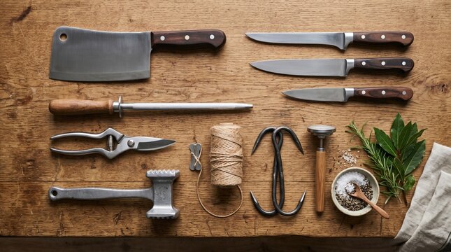 professional butcher tools set arranged on rustic wooden table for culinary and meat preparation
